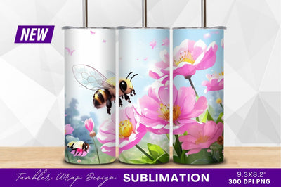 Cute bees flying around pink flowers Sublimation Regulrcrative 