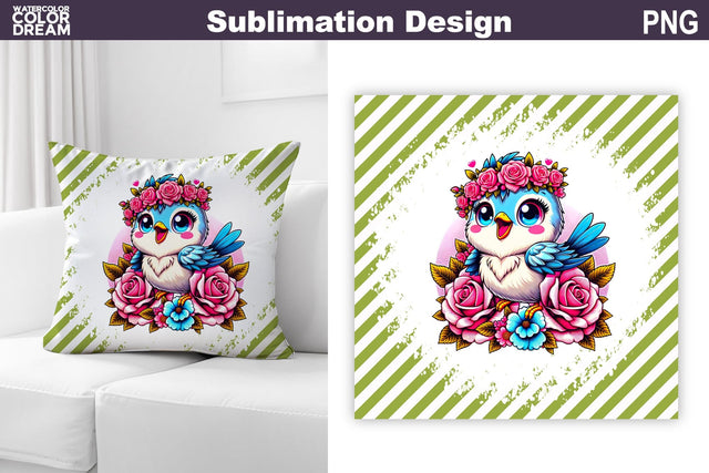 Cute Bird Floral Pillow Design | Bird Roses Sublimation Sublimation WatercolorColorDream 