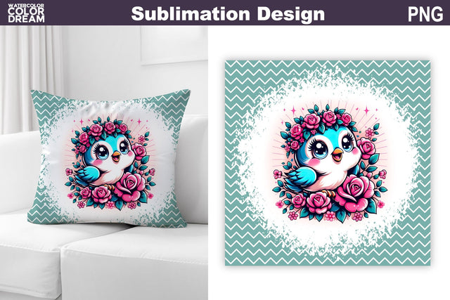 Cute Bird Floral Pillow Design | Bird Roses Sublimation Sublimation WatercolorColorDream 