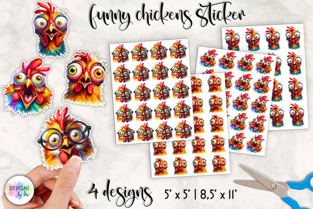 Cute Birds with Funny Faces Stickers, Funny Chickens Sublimation Designs by Ira 