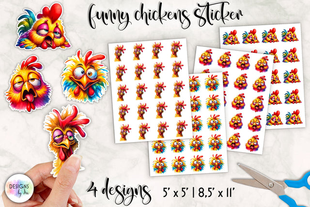 Cute Birds with Funny Faces Stickers, Funny Chickens Sublimation Designs by Ira 