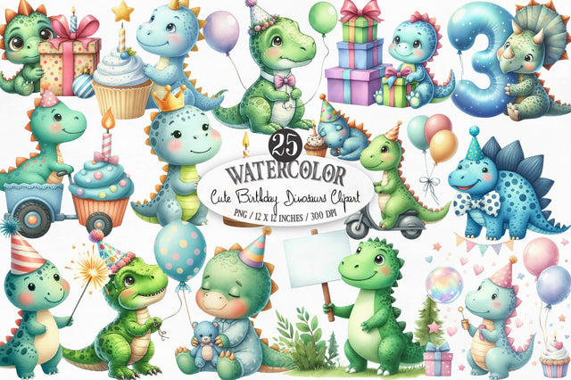 Cute Birthday Dinosaurs Clipart Sublimation SVGista 