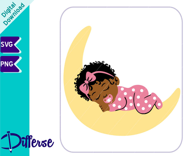 Cute Black Baby Sleeping On The Moon SVG | Nursery SVG SVG Differse 