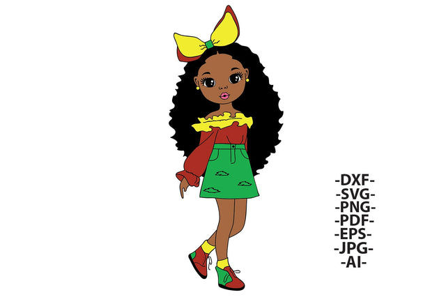 Cute Black Girl SVG with Curly Hair Green Skirt and Yellow Red Bow Clipart PNG DXF PDF EPS JPG AI Fashion Doll Style for Cricut Projects SVG 1uniqueminute 
