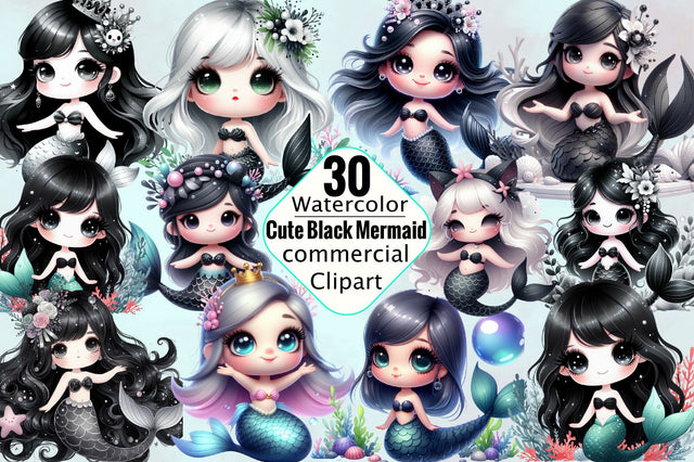 Cute Black Mermaid Sublimation Clipart Bundle Sublimation SVGArt 
