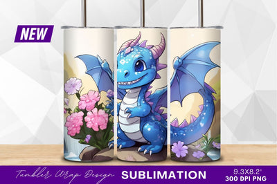 Cute blue dragon with flowers illustration Sublimation Regulrcrative 