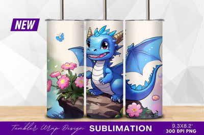 Cute blue dragon with flowers tumbler png Sublimation Regulrcrative 