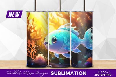 Cute blue fish in coral reef tumbler png Sublimation Regulrcrative 