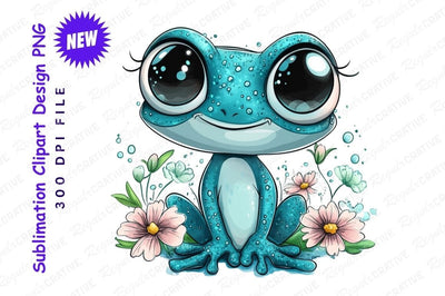 Cute Blue Frog With Flowers Clipart Png Sublimation Regulrcrative 