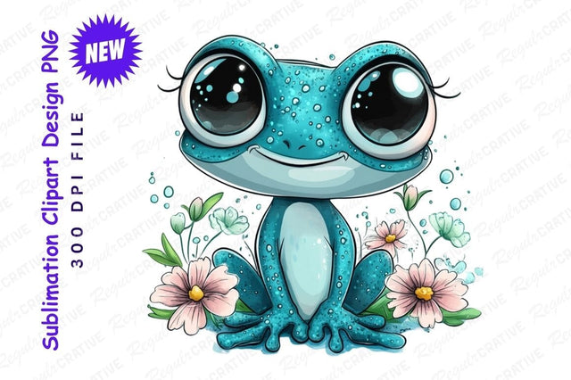 Cute Blue Frog With Flowers Clipart Png Sublimation Regulrcrative 