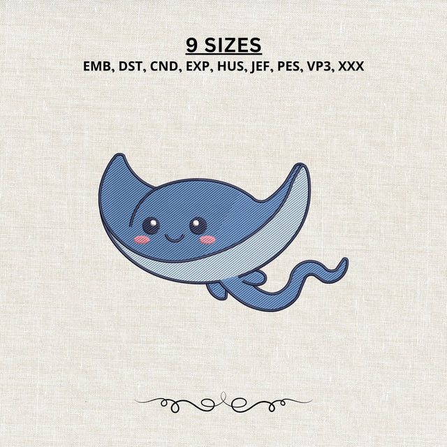 Cute Blue Stingray Embroidery Design – Kawaii Smiling Manta Ray Ocean Animal Machine Embroidery File Embroidery/Applique DESIGNS PatternFeed8 