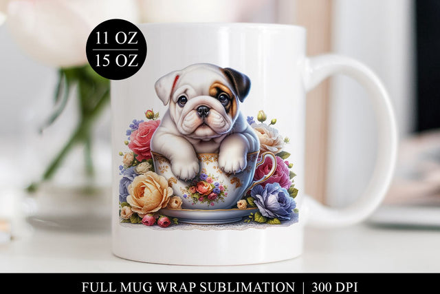 Cute Bulldog Floral Mug Design, Full Wrap Sublimation Sublimation BijouBay 