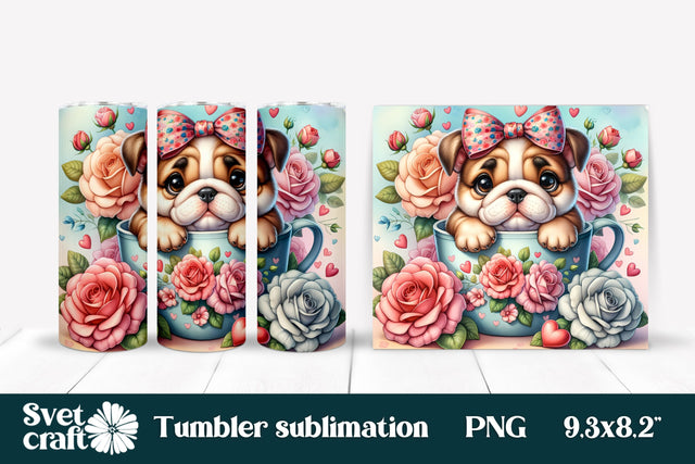 Cute bulldog rose flower tumbler PNG Sublimation Svetana Studio 