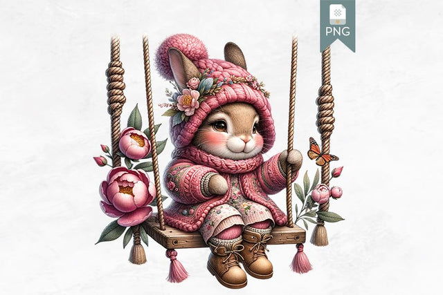 Cute Bunny Clipart, Pink Floral Rabbit on Swing Sublimation BijouBay 