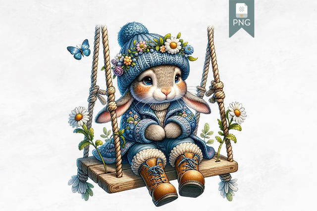 Cute Bunny Clipart, Rabbit on Swing, Floral Hat, Digital PNG Sublimation BijouBay 