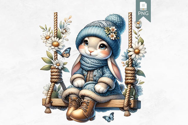 Cute Bunny Clipart, Swing Flowers, Blue Hat, PNG Image Sublimation BijouBay 