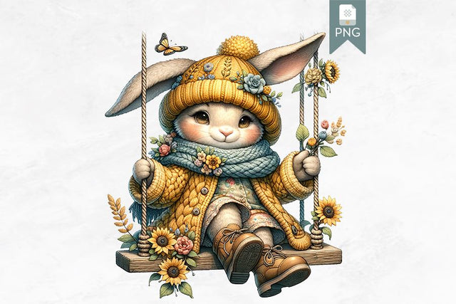 Cute Bunny Clipart, Yellow Knit Hat, Bunny on Swing Sublimation BijouBay 