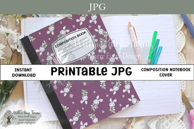 Cute Bunny Composition Notebook Cover – Bunnies Holding Blanket on Purplish Pink Background – Hand Drawn Printable JPG 6.9" x 10" for 7.5" x 9.75" Notebooks – 300 DPI Sublimation Willow Paige Farms 