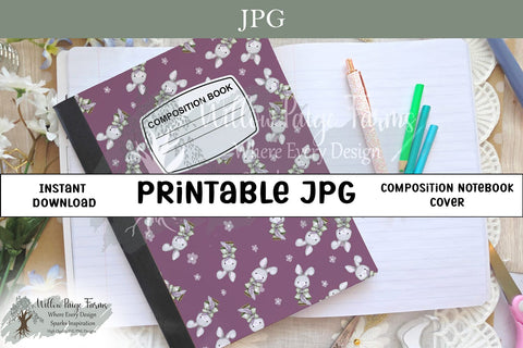 Cute Bunny Composition Notebook Cover – Bunnies Holding Blanket on Purplish Pink Background – Hand Drawn Printable JPG 6.9" x 10" for 7.5" x 9.75" Notebooks – 300 DPI Sublimation Willow Paige Farms 