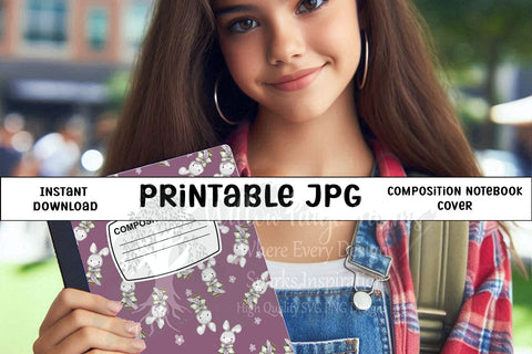 Cute Bunny Composition Notebook Cover – Bunnies Holding Blanket on Purplish Pink Background – Hand Drawn Printable JPG 6.9" x 10" for 7.5" x 9.75" Notebooks – 300 DPI Sublimation Willow Paige Farms 