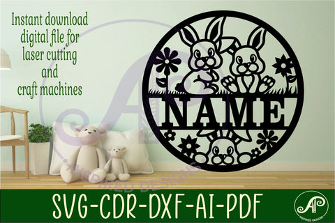 Cute Bunny name sign svg laser cut template SVG APInspireddesigns 