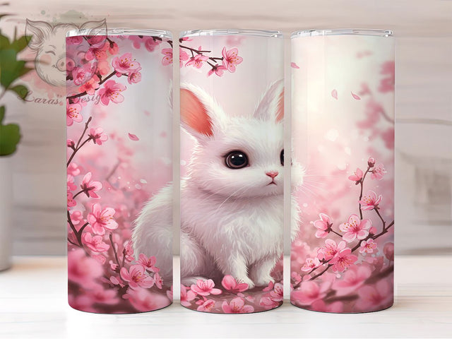 Cute Bunny Pink Floral 20oz Easter Tumbler, White Bunny Tumbler, Pink Floral Wrap, Spring Drinkware, 20oz Sublimation Tumbler, Easter Tumbler Design, Cute Bunny Decor Sublimation Lara' s Designs 