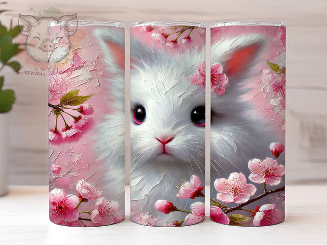 Cute Bunny Pink Floral 20oz Easter Tumbler, White Bunny Tumbler, Pink Floral Wrap, Spring Drinkware, 20oz Sublimation Tumbler, Easter Tumbler Design, Cute Bunny Decor Sublimation Lara' s Designs 