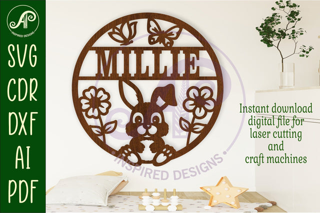 Cute Bunny themed name sign svg laser SVG APInspireddesigns 