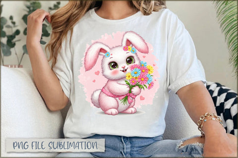 Cute Bunny with Flowers Clipart PNG Sublimation Shetara Begum 