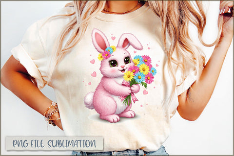 Cute Bunny with Flowers Clipart PNG Sublimation Shetara Begum 