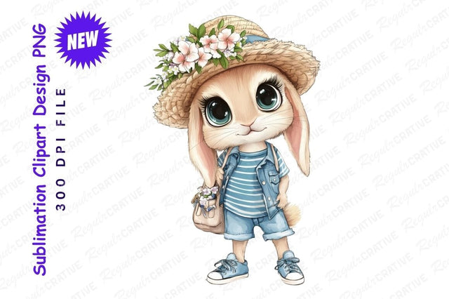 Cute Bunny With Straw Hat Clipart Png Sublimation Regulrcrative 