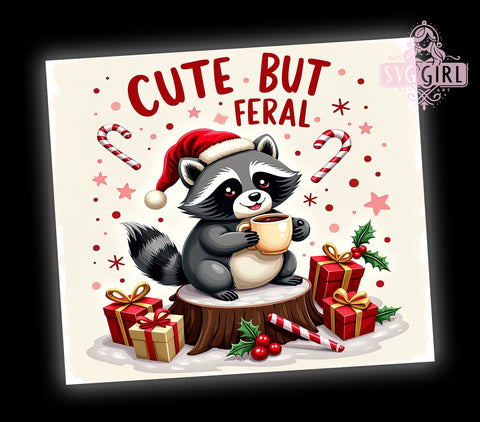 Cute but Feral Christmas Tumbler, Funny Sarcastic Design, Holiday Animal PNG, 20 oz Tumbler, Christmas Sublimation Wrap, Digital Download, Humorous Holiday Gift, Quirky Christmas Decor Sublimation SvggirlplusArt 