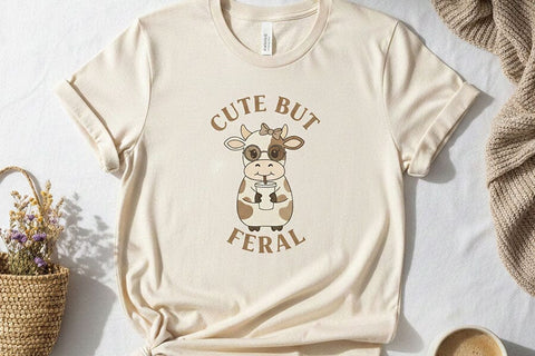 Cute But Feral Cow Png, Funny Cow Sublimation Design, Cute Cow With Coffee Png, Farm Animal Graphic, Shirt, Mug, Sticker Design Download SVG TiffsCraftyCreations 