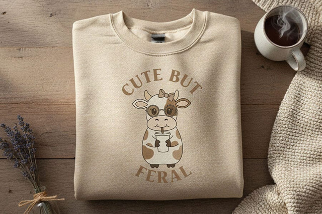 Cute But Feral Cow Png, Funny Cow Sublimation Design, Cute Cow With Coffee Png, Farm Animal Graphic, Shirt, Mug, Sticker Design Download SVG TiffsCraftyCreations 