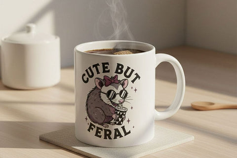Cute But Feral Possum Png, Funny Opossum With Coffee Png, Feral Girl Png, Cute Animal Sublimation Design Shirt Mug Sticker Digital Download SVG TiffsCraftyCreations 