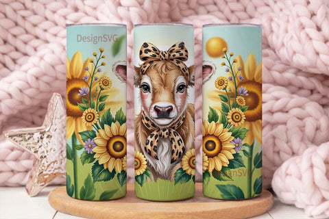 Cute Calf & Sunflowers 20oz Tumbler Wrap Sublimation DesignSVG 