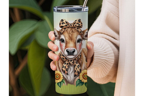 Cute Calf & Sunflowers 20oz Tumbler Wrap Sublimation DesignSVG 
