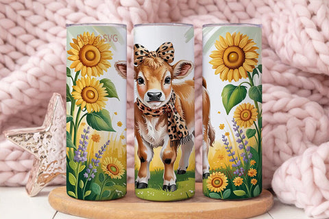 Cute Calf & Sunflowers 20oz Tumbler Wrap Sublimation DesignSVG 