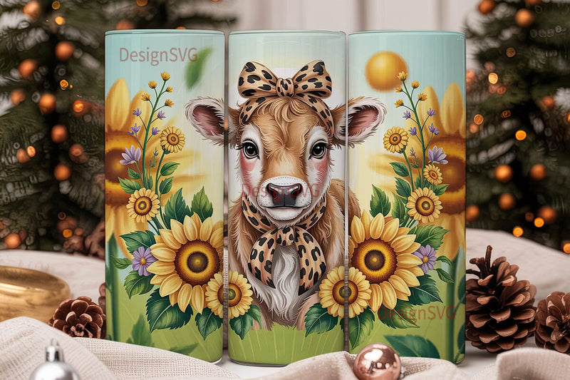 Cute Calf & Sunflowers 20oz Tumbler Wrap Sublimation DesignSVG 