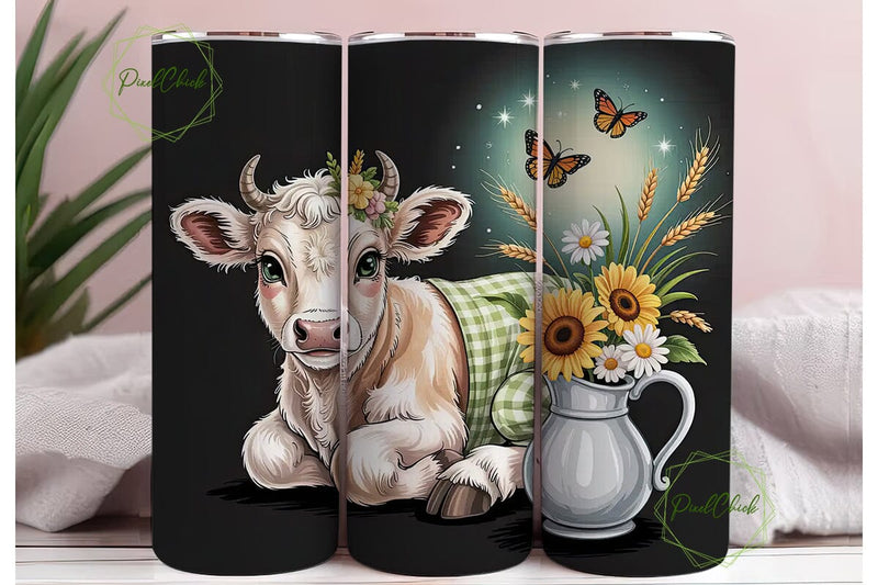 Cute Calf & Sunflowers 20oz Tumbler Wrap Sublimation PixelChick 