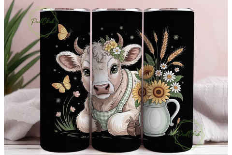 Cute Calf & Sunflowers 20oz Tumbler Wrap Sublimation PixelChick 