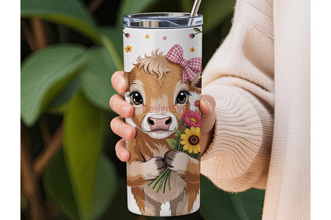 Cute Calf with Flowers 20oz Tumbler Wrap Sublimation DesignSVG 