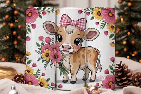 Cute Calf with Flowers 20oz Tumbler Wrap Sublimation DesignSVG 