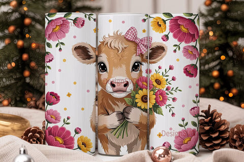Cute Calf with Flowers 20oz Tumbler Wrap Sublimation DesignSVG 