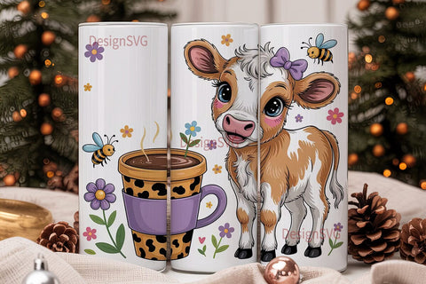 Cute Calf with Flowers 20oz Tumbler Wrap Sublimation DesignSVG 