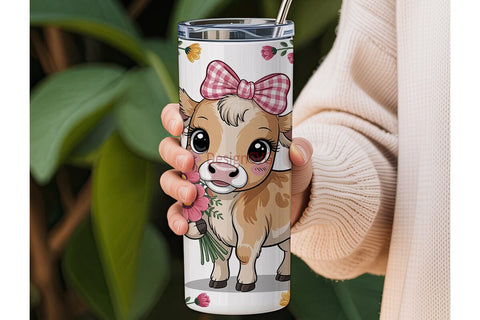 Cute Calf with Flowers 20oz Tumbler Wrap Sublimation DesignSVG 
