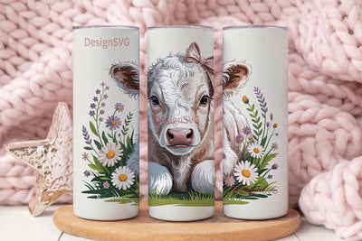 Cute Calf with Flowers 20oz Tumbler Wrap Sublimation DesignSVG 