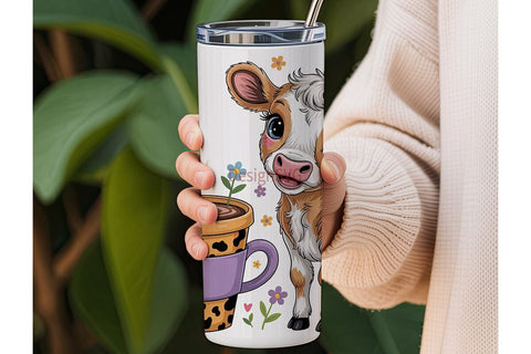 Cute Calf with Flowers 20oz Tumbler Wrap Sublimation DesignSVG 