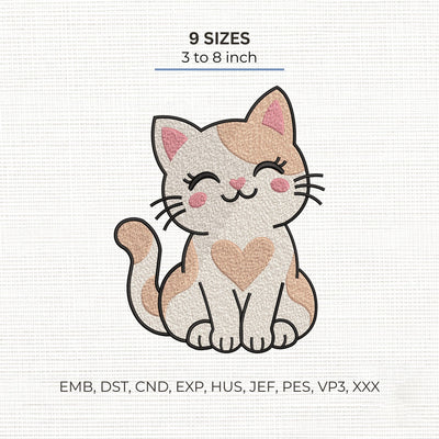 Cute Calico Cat Embroidery Design – Heart Kitty Animal Machine Embroidery File Embroidery/Applique DESIGNS PatternFeed8 