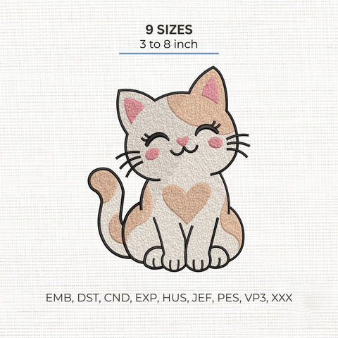 Cute Calico Cat Embroidery Design – Heart Kitty Animal Machine Embroidery File Embroidery/Applique DESIGNS PatternFeed8 